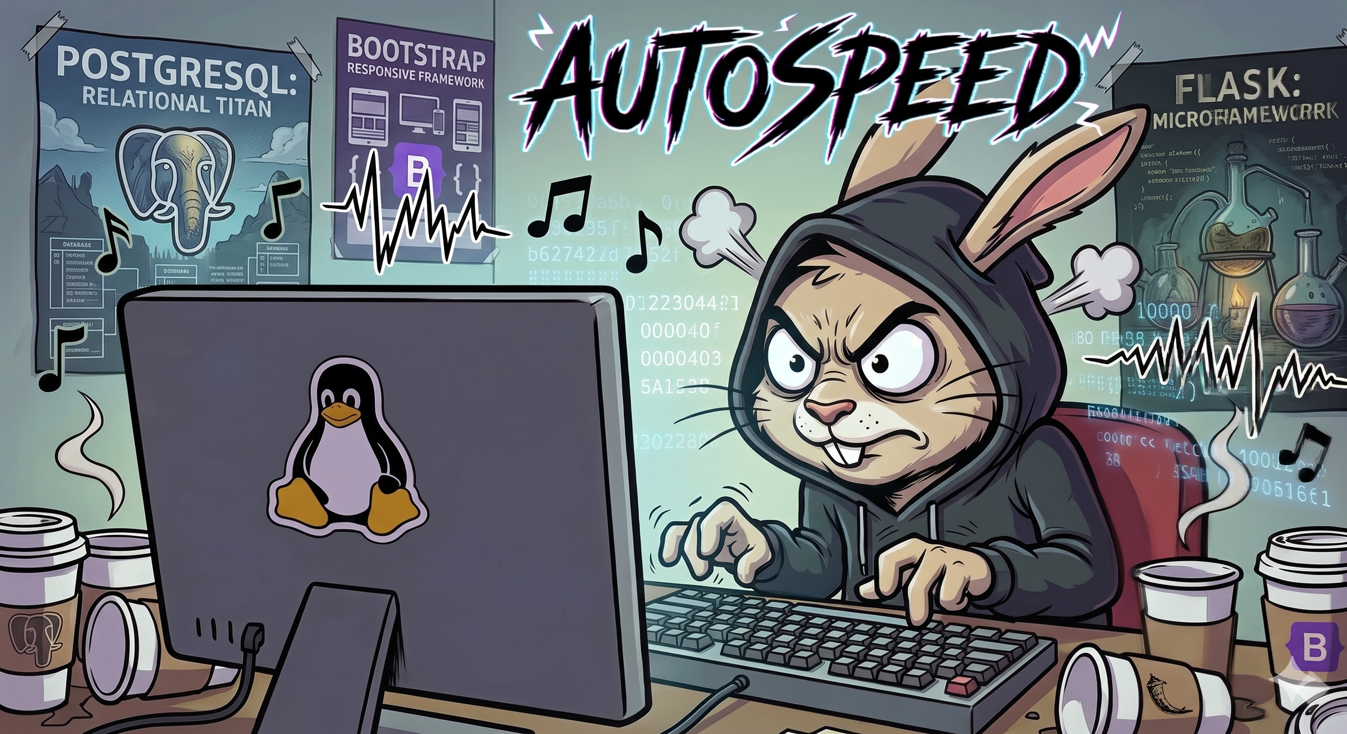 AutoSpeed Logo. A rabbit typing fast on a keyboard listening to heavy metal.